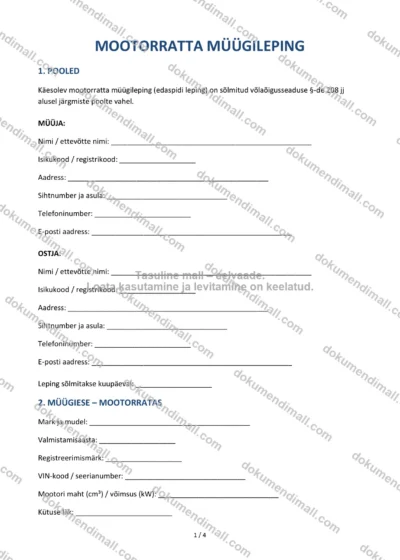 Mootorratta Müügileping | Lepingumall – Allalaaditav Word & PDF — dokumendimall DOCX-vormingus