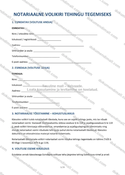 Notariaalne Volikiri Tehingu Tegemiseks | Lepingumall – Allalaaditav Word & PDF — dokumendimall DOCX-vormingus