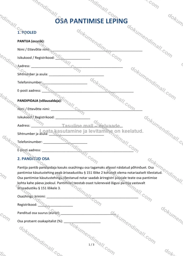 Osa Pantimise Leping | Lepingumall – Allalaaditav Word & PDF
