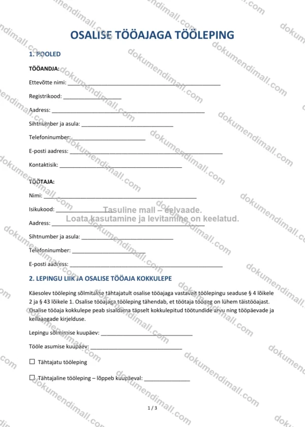 Osalise Tööajaga Tööleping | Lepingumall – Allalaaditav Word & PDF