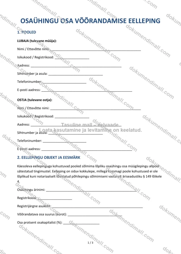 Osaühingu Osa Võõrandamise Eelleping | Lepingumall – Allalaaditav Word & PDF