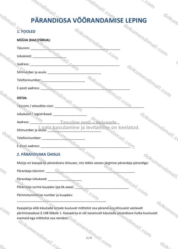 Pärandiosa Võõrandamise Leping | Lepingumall – Allalaaditav Word & PDF