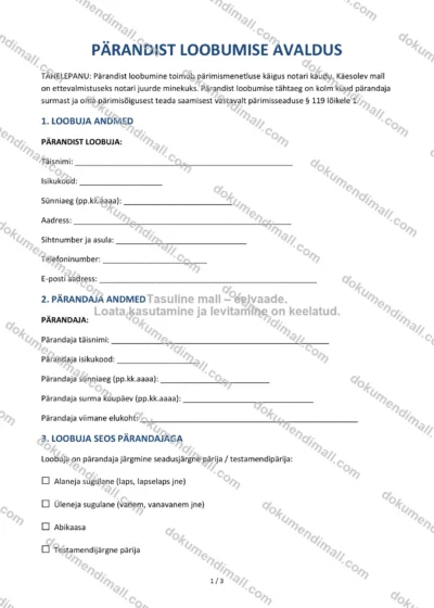 Pärandist Loobumise Avaldus | Lepingumall – Allalaaditav Word & PDF — dokumendimall DOCX-vormingus