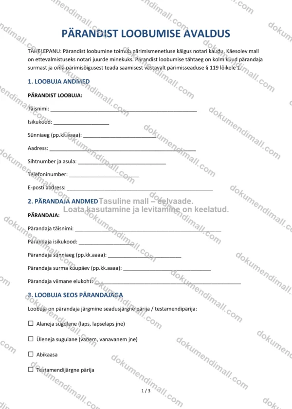 Pärandist Loobumise Avaldus | Lepingumall – Allalaaditav Word & PDF