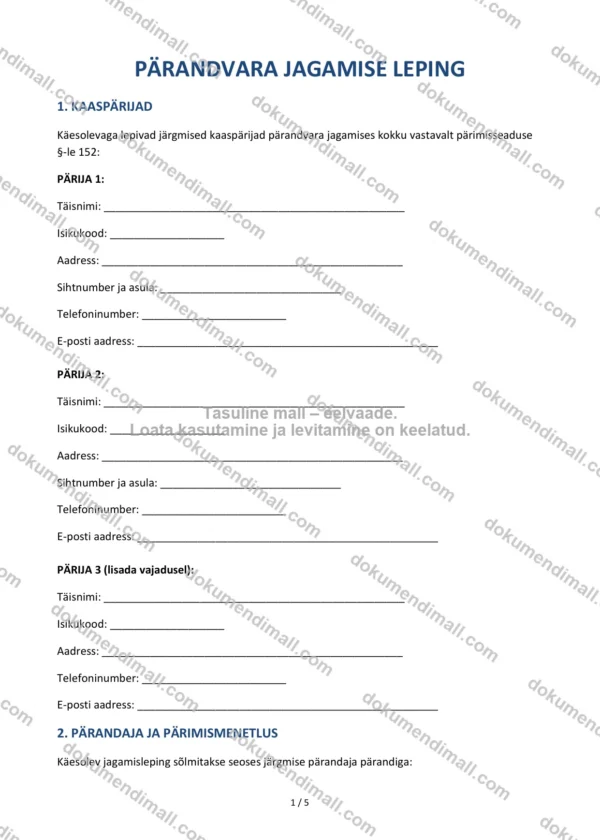 Pärandvara Jagamise Leping | Lepingumall – Allalaaditav Word & PDF