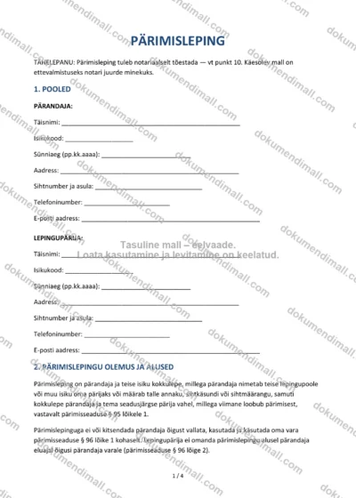 Pärimisleping | Lepingumall – Allalaaditav Word & PDF — dokumendimall DOCX-vormingus