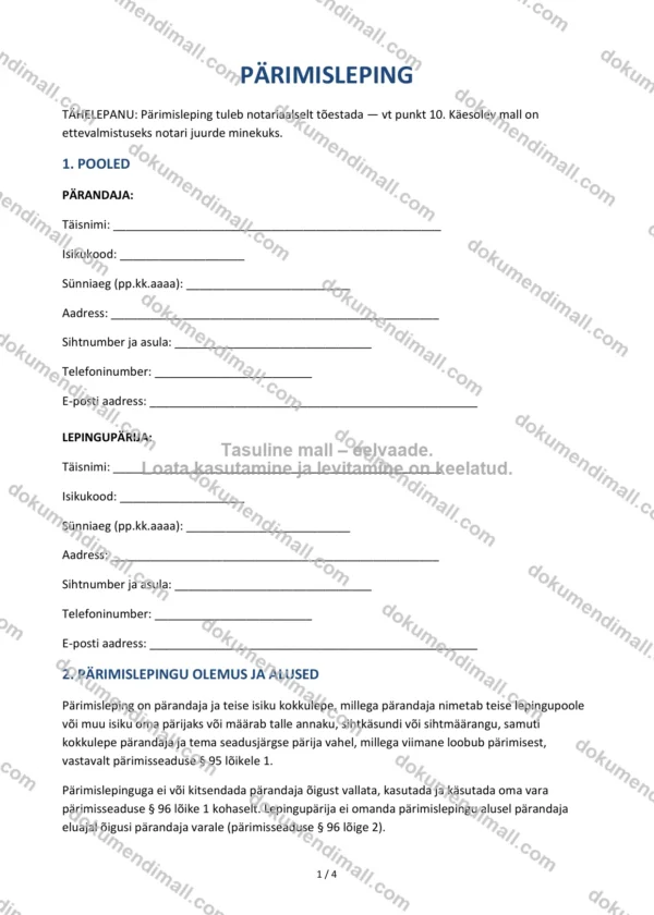 Pärimisleping | Lepingumall – Allalaaditav Word & PDF