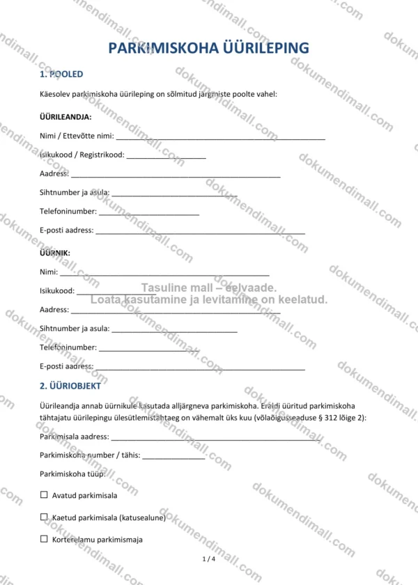 Parkimiskoha Üürileping | Lepingumall – Allalaaditav Word & PDF