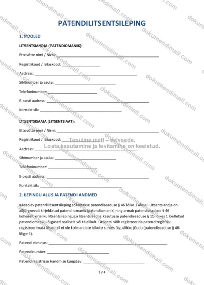 Patendilitsentsileping | Lepingumall – Allalaaditav Word & PDF — dokumendimall DOCX-vormingus