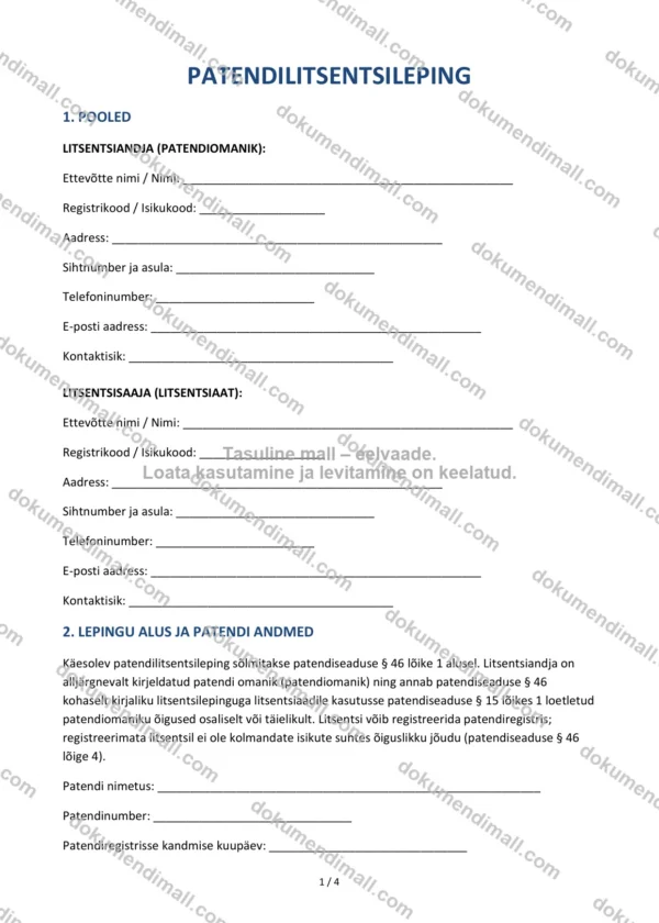 Patendilitsentsileping | Lepingumall – Allalaaditav Word & PDF