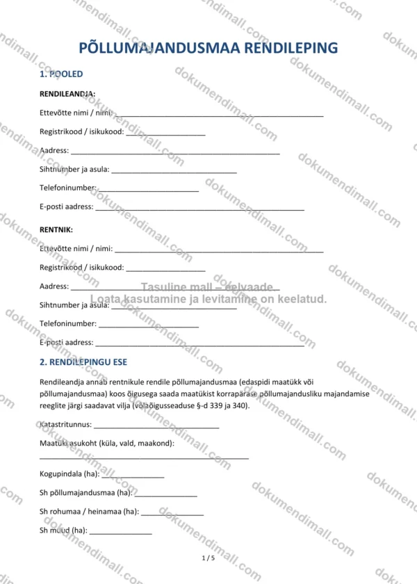 Põllumajandusmaa Rendileping | Lepingumall – Allalaaditav Word & PDF