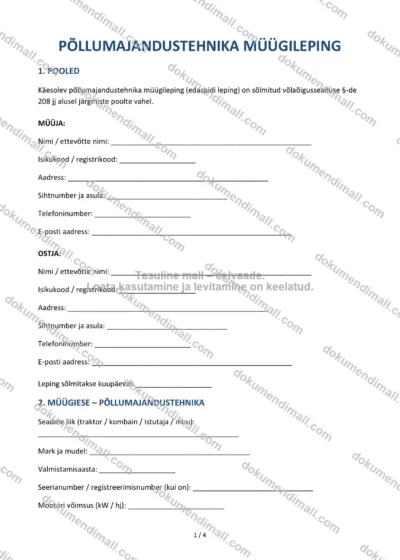 Põllumajandustehnika Müügileping | Lepingumall – Allalaaditav Word & PDF — dokumendimall DOCX-vormingus