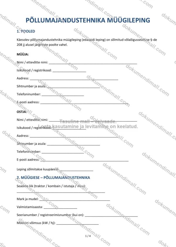 Põllumajandustehnika Müügileping | Lepingumall – Allalaaditav Word & PDF