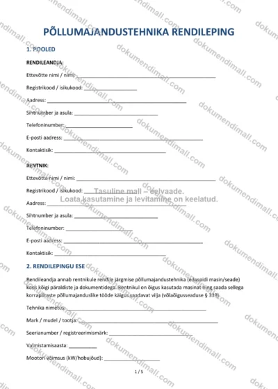 Põllumajandustehnika Rendileping | Lepingumall – Allalaaditav Word & PDF — dokumendimall DOCX-vormingus