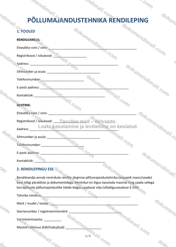 Põllumajandustehnika Rendileping | Lepingumall – Allalaaditav Word & PDF