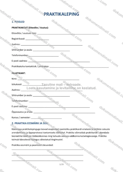 Praktikaleping | Lepingumall – Allalaaditav Word & PDF — dokumendimall DOCX-vormingus