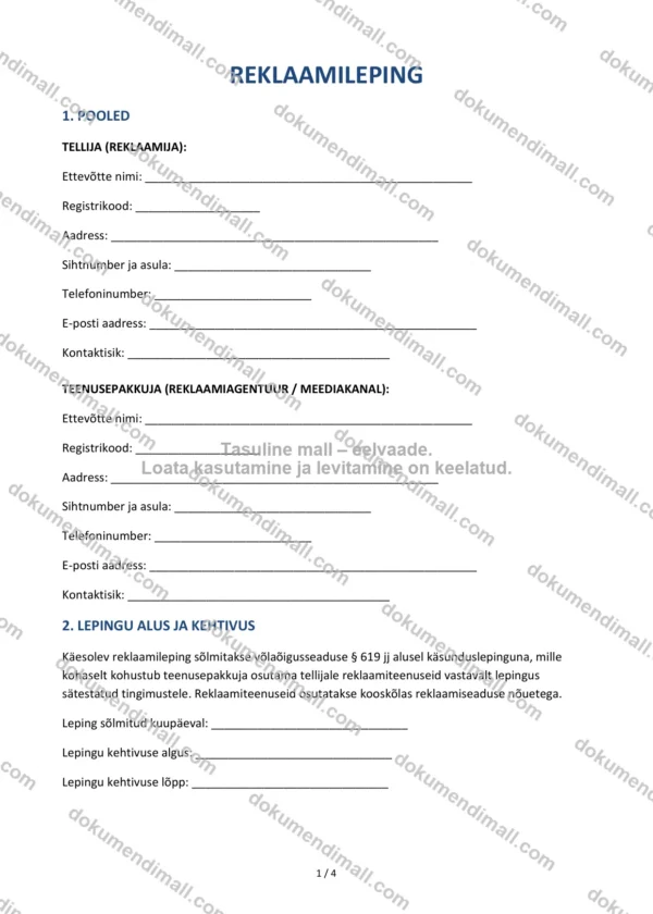Reklaamileping | Lepingumall – Allalaaditav Word & PDF