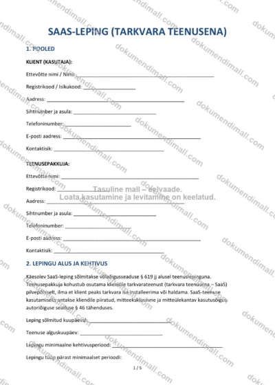 SaaS-Leping (Tarkvara Teenusena) | Lepingumall – Allalaaditav Word & PDF — dokumendimall DOCX-vormingus