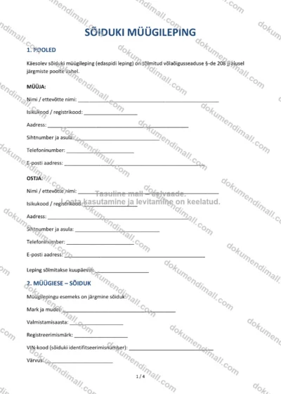 Sõiduki Müügileping | Lepingumall – Allalaaditav Word & PDF — dokumendimall DOCX-vormingus