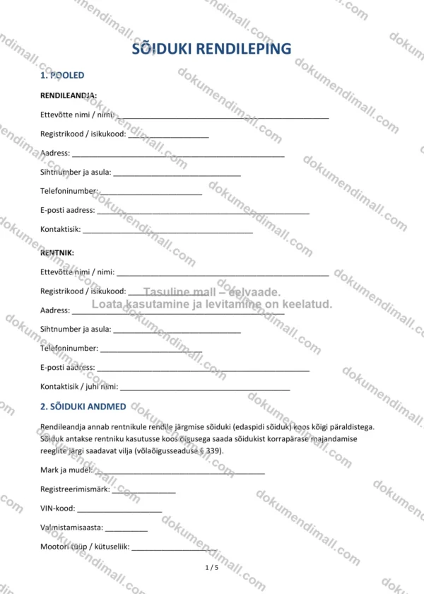 Sõiduki Rendileping | Lepingumall – Allalaaditav Word & PDF