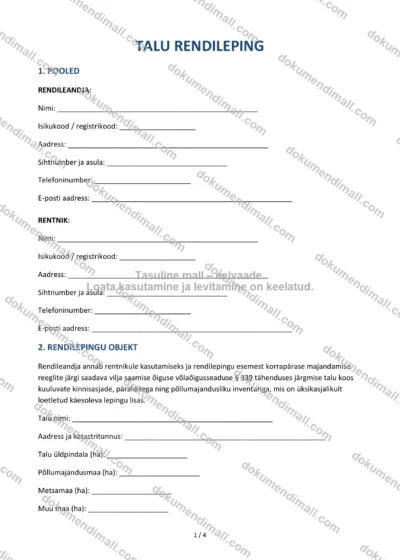 Talu Rendileping | Lepingumall – Allalaaditav Word & PDF — dokumendimall DOCX-vormingus