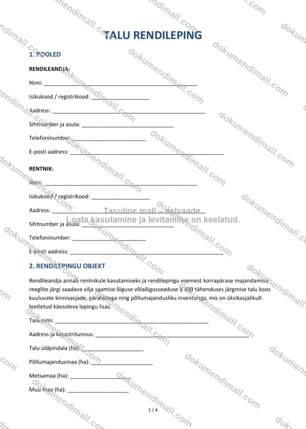 Talu Rendileping | Lepingumall – Allalaaditav Word & PDF