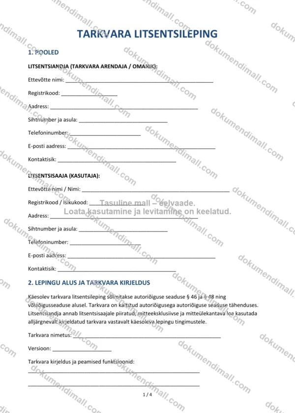 Tarkvara Litsentsileping | Lepingumall – Allalaaditav Word & PDF