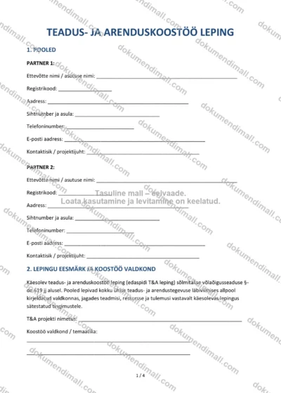 Teadus- Ja Arenduskoostöö Leping | Lepingumall – Allalaaditav Word & PDF — dokumendimall DOCX-vormingus