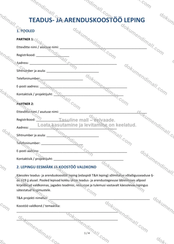 Teadus- Ja Arenduskoostöö Leping | Lepingumall – Allalaaditav Word & PDF