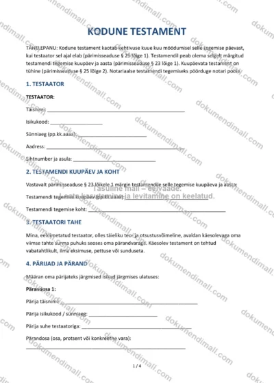 Kodune Testament | Lepingumall – Allalaaditav Word & PDF — dokumendimall DOCX-vormingus
