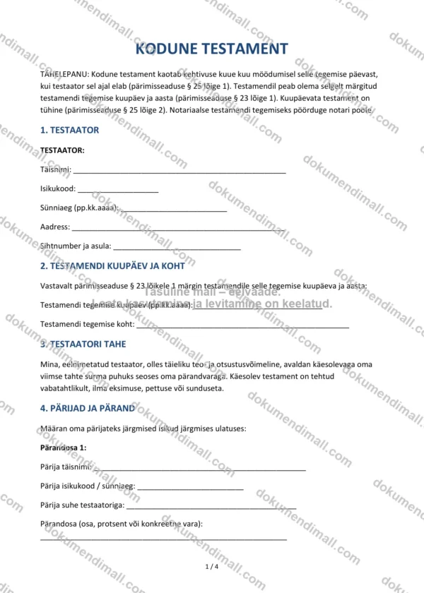 Kodune Testament | Lepingumall – Allalaaditav Word & PDF