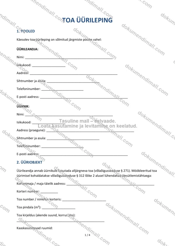Toa Üürileping | Lepingumall – Allalaaditav Word & PDF