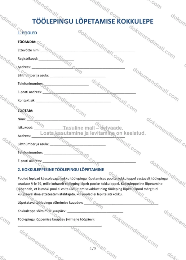 Töölepingu Lõpetamise Kokkulepe | Lepingumall – Allalaaditav Word & PDF
