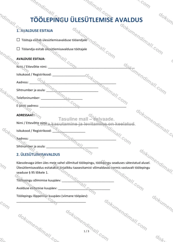 Töölepingu Ülesütlemise Avaldus | Lepingumall – Allalaaditav Word & PDF