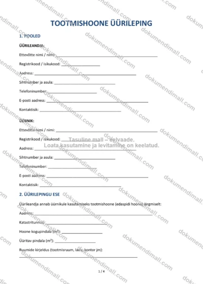 Tootmishoone Üürileping | Lepingumall – Allalaaditav Word & PDF — dokumendimall DOCX-vormingus