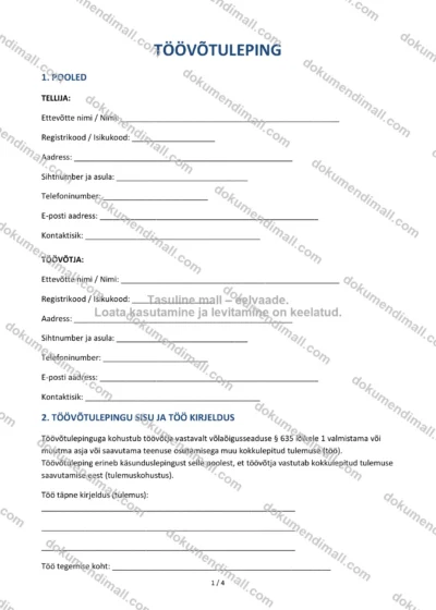 Töövõtuleping | Lepingumall – Allalaaditav Word & PDF — dokumendimall DOCX-vormingus