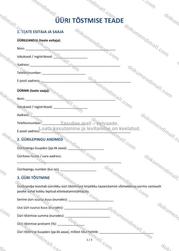 Üüri Tõstmise Teade | Lepingumall – Allalaaditav Word & PDF