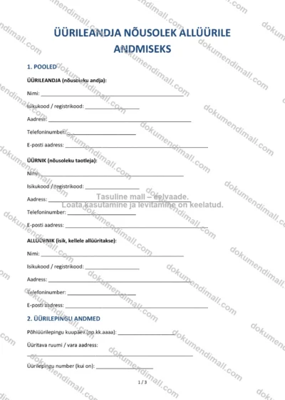 Üürileandja Nõusolek Allüürile Andmiseks | Lepingumall – Allalaaditav Word & PDF — dokumendimall DOCX-vormingus