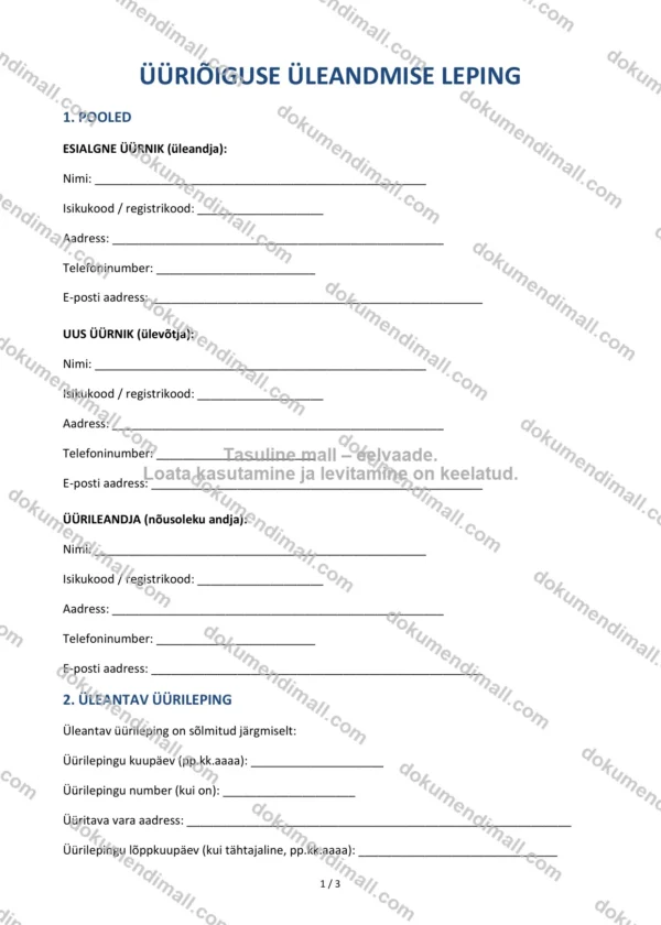 Üüriõiguse Üleandmise Leping | Lepingumall – Allalaaditav Word & PDF