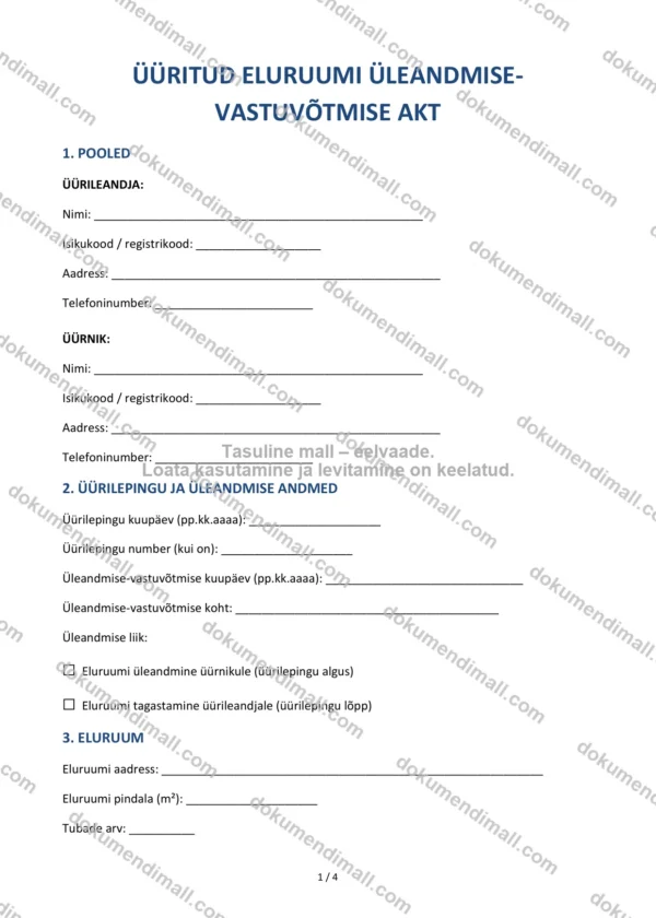 Üüritud Eluruumi Üleandmise-Vastuvõtmise Akt | Lepingumall – Allalaaditav Word & PDF