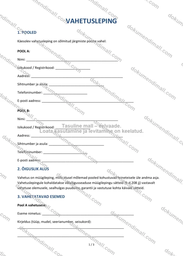 Vahetusleping | Lepingumall – Allalaaditav Word & PDF
