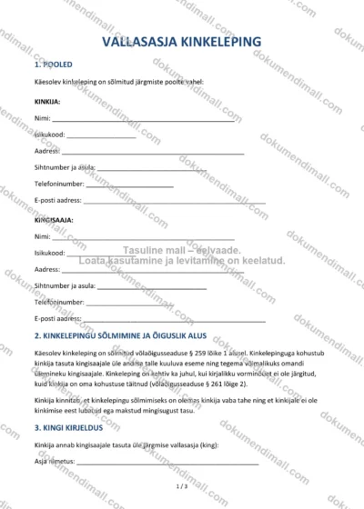 Vallasasja Kinkeleping | Lepingumall – Allalaaditav Word & PDF — dokumendimall DOCX-vormingus