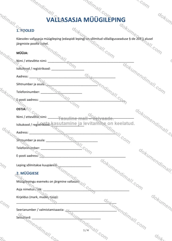 Vallasasja Müügileping | Lepingumall – Allalaaditav Word & PDF