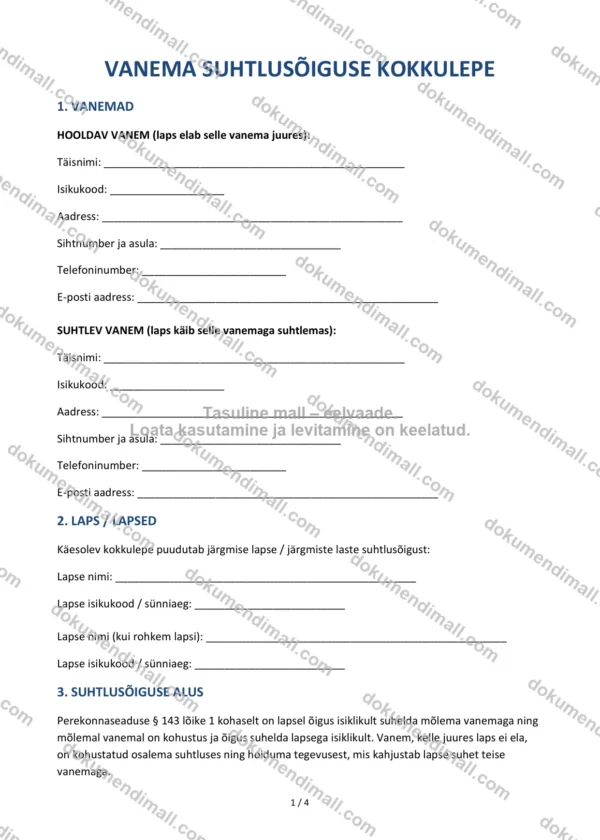 Vanema Suhtlusõiguse Kokkulepe | Lepingumall – Allalaaditav Word & PDF