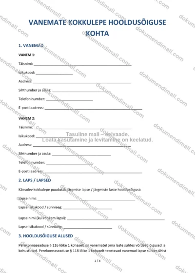 Vanemate Kokkulepe Hooldusõiguse Kohta | Lepingumall – Allalaaditav Word & PDF — dokumendimall DOCX-vormingus