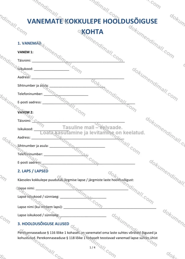Vanemate Kokkulepe Hooldusõiguse Kohta | Lepingumall – Allalaaditav Word & PDF