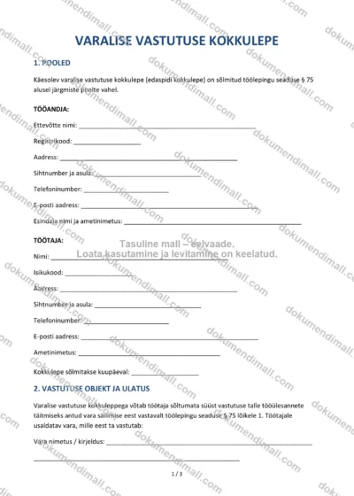 Varalise Vastutuse Kokkulepe | Lepingumall – Allalaaditav Word & PDF — dokumendimall DOCX-vormingus