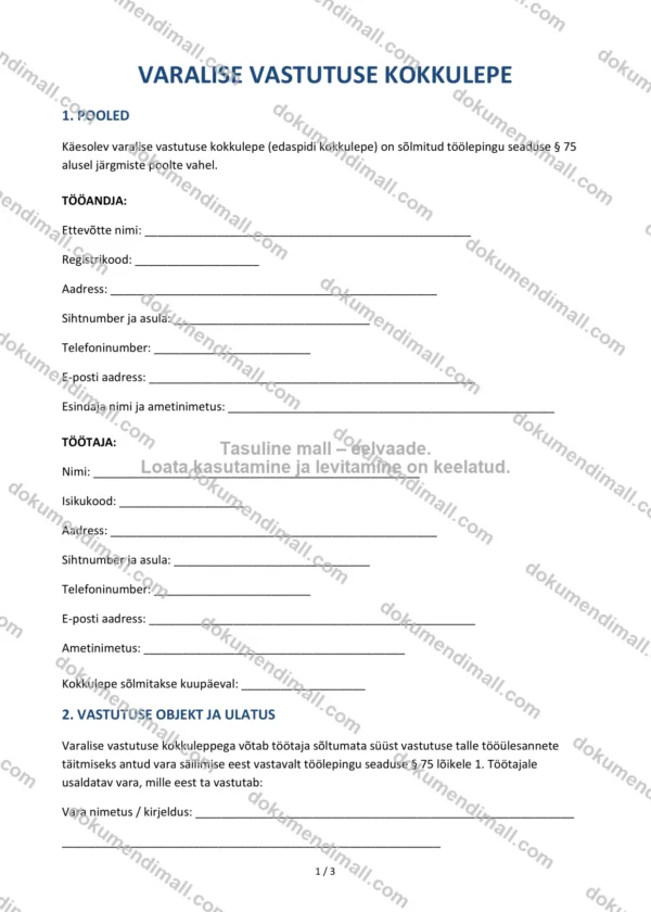 Varalise Vastutuse Kokkulepe | Lepingumall – Allalaaditav Word & PDF