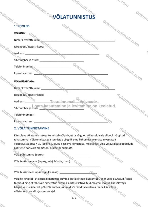 Võlatunnistus | Lepingumall – Allalaaditav Word & PDF
