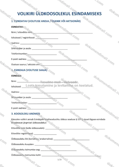 Volikiri Üldkoosolekul Esindamiseks | Lepingumall – Allalaaditav Word & PDF — dokumendimall DOCX-vormingus